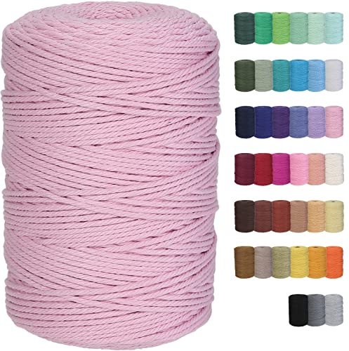 GOHOF Cordon pour macramé en coton doux, 4 brins torsadés, l'un des matériaux les plus parfaits pour l'art du macramé, ficelle en coton sans produits chimiques (rose clair) - 3 mm x 300 m