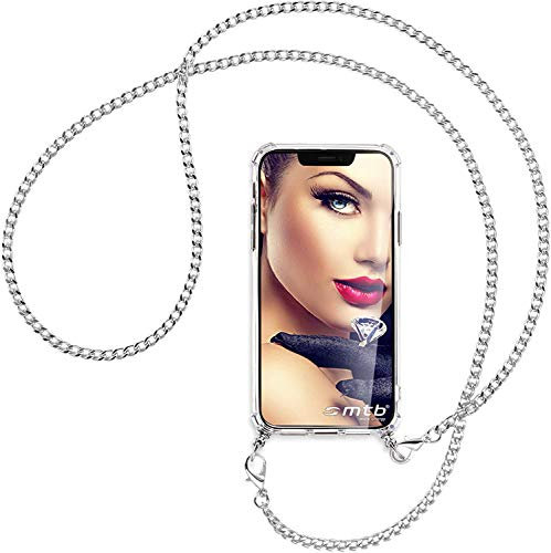 mtb more energy® Handykette kompatibel mit Huawei Mate 20X - Metallkette (Silber) - Smartphone Hülle zum Umhängen - Anti Shock Full TPU Case
