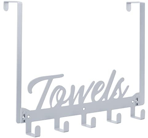 Azmoncy 1 paquete de ganchos para colgar sobre la puerta, toallero para colgar toallas de baño, resistente, colgador de toallas de pared con 5 ganchos para dormitorio, baño, toallas de cocina, color
