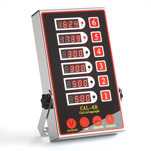 Minuteur de cuisine professionnel avec 6 canaux, minuteur numérique LED professionnel pour la cuisine, alarme sonore +/-, grand minuteur robuste en acier inoxydable avec panneau étanche et fonction