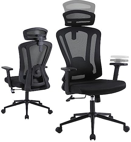 Ergonomic Home Office Chair, High Back Desk Chair with Adjustable Lumbar Support, 2D Armrest and Headrest, Black Mesh Computer Gaming Chair with Tilt Function Black