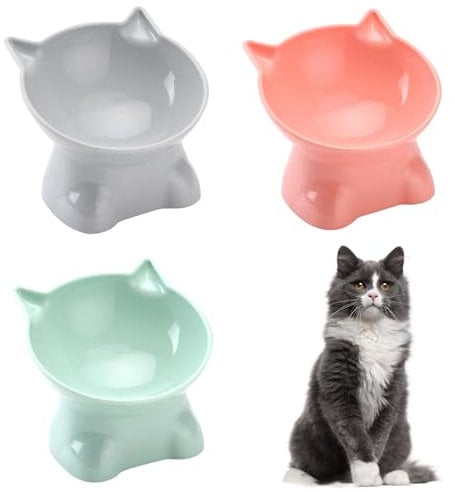 3 PCS Raised Cat Bowls with Stand - Elevated Cat Feeder, Anti Vomit, Neck Protective, 15 Tilted