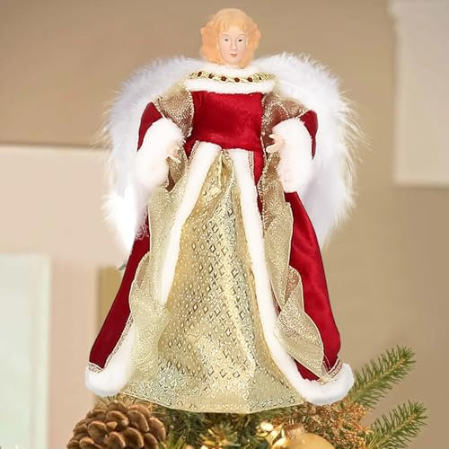 Longzhuo Puntale per albero di Natale a forma di angelo, in fibra ottica, decorazione per albero di Natale, con ali di piume, 30 cm (luce rossa-calda nuova)