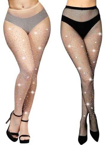Aomig Collant Résille Femme, Bas Résille à Strass Collant, Strass Mesh Pantalon Serré Collant, Collants Étincelants Taille Haute Rhinestone Collant Pantythose pour Fêtes Halloween-Noir + Couleur Peau