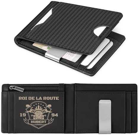 Maverton Portefeuille Personnalisé en Cuir Carbone Noir - Porte Carte Bancaire avec Gravure et Boite Cadeau Fan de Moto - Dimensions 11x8.5x1.5cm - Cadeau Motard - Cadeau Personnalisé