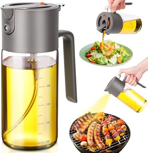 VOMEP Pulverizador de aceite para cocinar, botella dispensadora de aceite de oliva avanzada grande 2025, pulverizador de aceite de oliva de vidrio de 17 onzas, spray uniforme 2 en 1 con control de