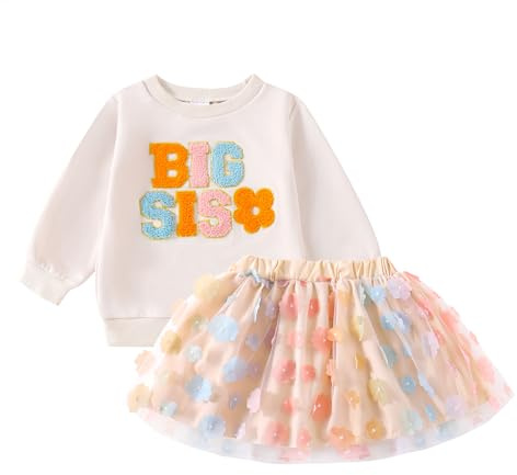 BeliBacca Große Schwester, Geschenk, kleine Schwester, Frühling, Herbst, Outfit, Stickerei, Buchstaben, Blume, Pullover, Sweatshirt, Tüll, Tutu, Rock, Kleinkind, Baby, Mädchen, Kleidungsset