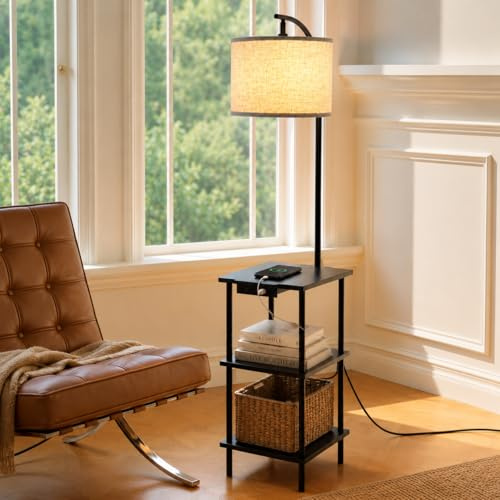 LuminexDesigns Vintage Stehlampe mit Regal, Holz Beistelltisch mit Ladestation, Schwarz Retro Stehleuchte mit 3-Ebenen Stauraum, Schwenkbar, für Wohnzimmer, Schlafzimmer, Arbeitszimmer WOVI FL04