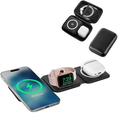 HH-Tech 3-in-1 Foldable Magnetic Wireless Charger Station with 35W Adapter & Case, Fast Charger for iPhone 16/15/14/13/12, for Watch 10/9/Ultra2/Ultra/8/7/6/SE/5/4, for AirPods 4/3/2/Pro
