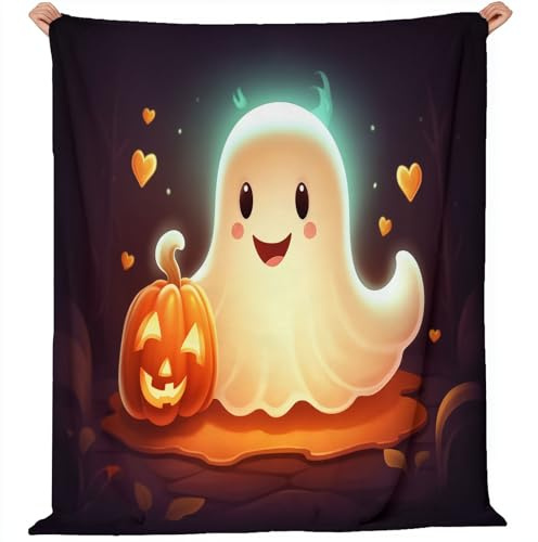 Kuscheldecke Flauschig Cartoon Geist Kürbis Wohndecke Warm Winter Weich,Sofadecke, Decke 100 x 140 cm Sofa überwurfdecke Superweiche Decke aus Flanell Orange Weiß