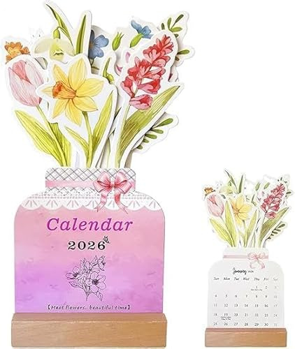 Calendrier De Bureau Fleurs 2026 | Petit Calendrier De Fleurs Créatives | Fleur Janvier-Décembre 2026 Calendriers Esthétique | Pour Bureau, Accessoires De Décoration D'intérieur