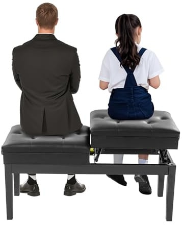 HIKUUER Doppelsitzer Pianobank Groß Klavierbank mit Aufbewahrungsbox und PU-Sitzfläche Sitzflächen unabhängig höhenverstellbar bis 200kg Belastbar (Schwarz)
