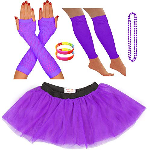 REDSTAR FANCY DRESS® - Tutu-Röckchen, Beinstulpen, Netzhandschuhe, Perlenkette und breite Gummiarmbänder - Neonfarben - Lila - 32-38