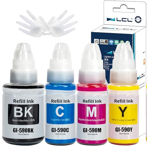 LCL Compatible Ink Bottle GI-490 GI-590 GI-590BK GI-590C GI-590M GI-590Y(4PK Black 135ML, CMY 70ML) Replacement for Canon Pixma G1400 G1410 G2400 G2410 G3400 G4400 G4411 G1500 G1510 G2500