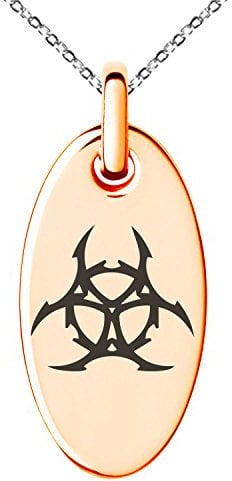 Tioneer Rose Gold Plated Stainless Steel Barbed Wire Biohazard Symbol Engraved Small Oval Charm Pendant Necklace