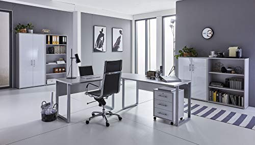 BMG-Moebel.de Büromöbel komplett Set Arbeitszimmer Office Edition in Lichtgrau/Weiß Hochglanz (Set 1)