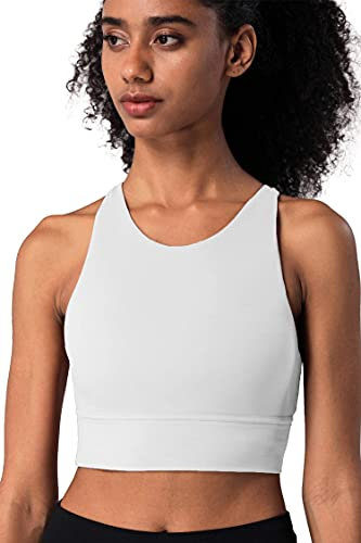 Lemedy Damen Sport-BHs mit Trägern, gepolstert, mittlere Unterstützung, Yoga, Workout, Tanktop, Weiß, Medium