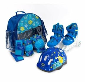 SMJ Set 2in1 Inliner Rollschuhe VERSTELLBAR Inline Skates mit LED Rollen + Schonerset + Helm + Tasche
