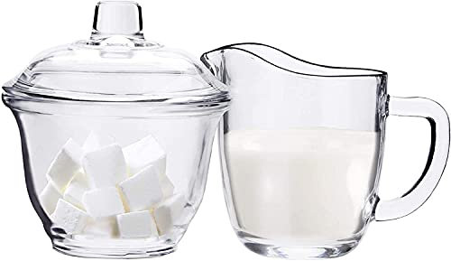 WUWEOT Glass Sugar and Creamer Set for Coffee and Tea, Clear Cream Pitcher and Sugar Bowl with Lid, Cream Jug Sugar Jar, Coffee Serving Set