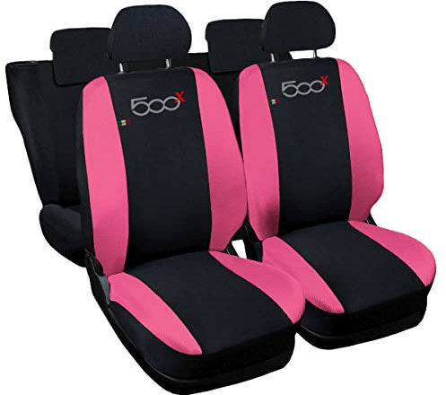 Auto Accessori Lupex | Coprisedili Auto Compatibili con 500X 2014-2023, Set 12 Pezzi, Made in Italy, Tessuto Policotone, Fodere Protezioni Sedili Anteriore e Posteriore (Nero/Rosa)