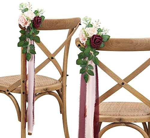 DreamBuilt Hochzeit Stuhl Dekorationen Pew Blumen für Hochzeit Zeremonie Party Gang Dekor mit künstlichen Pflanzen Eukalyptus und Bänder Burgunderrot 10 Stück
