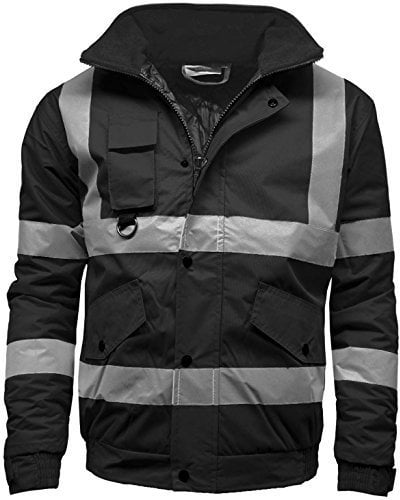 Golomak® Hi Vis Viz Bomber Jacket High Visibility Workwear Safety Security Hooded Padded Waterproof Taped Seams Work Wear Coat Top (Black, Medium)