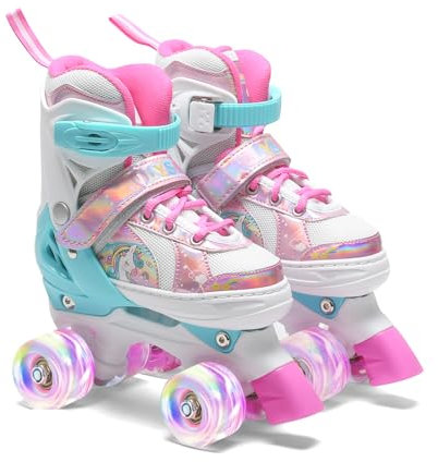 OLYSPM Rollers pour Enfants,Roller Enfant Fille,Roller Enfant Garcon,Patin a Roulette Réglables en 4 Tailles avec 8 Roues Clignotantes pour Garçons,Filles,Débutants(Rose)