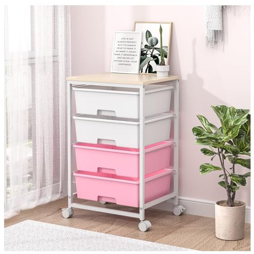 SYKIARIOL 4 Schubladen Rollwagen, Aufbewahrungswagen Allzweckwagen auf Rädern mit Holztischplatte,Rollwagen für Küche, Wohnzimmer, Schlafzimmer, Einfache Bewegung, Große Kapazität,4 Schubladen,Rosa
