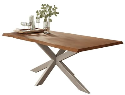 Liadomo Esstisch 160x85 Isa Nuss, Baumkantentisch, Akazie Massivholz Tisch, 26mm Tischplatte Lackiert, Robust & Pflegeleicht, Unikat, Spider-Gestell Metall Silber