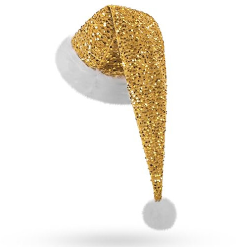 KONVINIT Gold Lang Weihnachtsmütze Erwachsene Nikolausmütze Weihnachtsmann Mütze mit Glitzer Pailletten und Plüsch Rand Weihnachtself mütze für Festliche Weihnachtsfeier Tannenbaum,gold