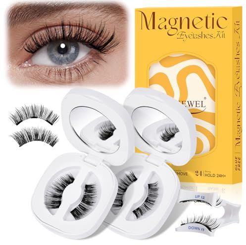 QUEWEL Magnetic-Eyelashes Natural Look, Reusable Magnetic-Lashes with Applicator, No Glue Needed and without Eyeliner Magnetics Lash Kit, Easy to Wear and Remove(GDCX style C+E)