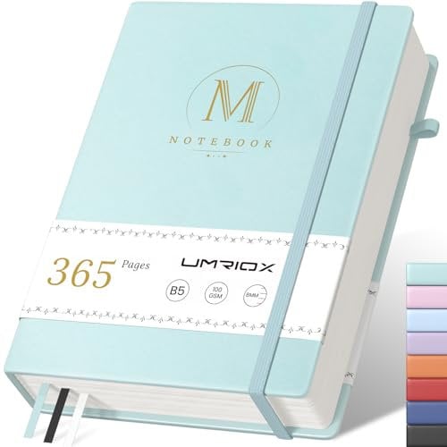 Umriox DAY Notizbuch B5 Liniert,Dickes Hardcover Leder Tagebuch 365 Seiten 100gsm Papier mit Index Tabs,Der Collegeblock Notizblock Eignet Sich Zum Schreiben Und Notieren,17.8 x 25.5cm-Himmelblau