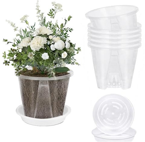 Lot de 5 Pots à orchidées Transparents 14CM Pots de Fleurs avec Trous et soucoupes Transparent Pot de Fleurs en Plastique adapté pour Balcon intérieur, Bureau, extérieur