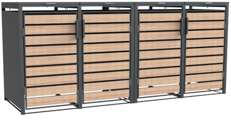 WESTMANN Metall Mülltonnenbox Lacina 4x240 L Anthrazit Holzoptik Mülltonnen Verkleidung mit Gasdruckfedern Pulverbeschichteter Stahl Wetterfest & stabil Klappdeckel & Fronttüren