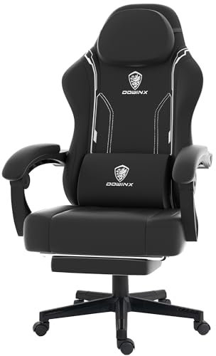 Dowinx Gaming Stuhl, Ergonomischer Gamer Stuhl aus PU-Leder mit Lendenwirbelstütze, 150 kg, Schwarz
