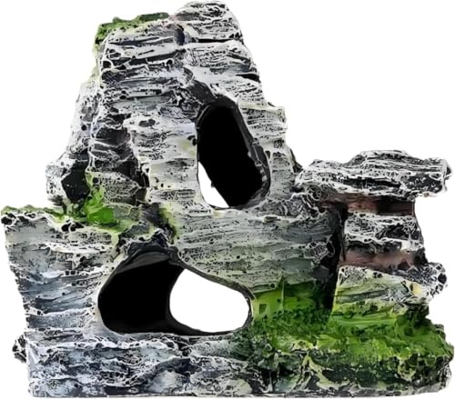 Harz Aquarium Berg Dekor mit Moos Felsen Höhle - Mehrstöckiges Gelände für Aquarium-Landschaftsgestaltung, natürlich aussehendes Steingarten-Design mit versteckter Höhle und Spalten für Garnelen