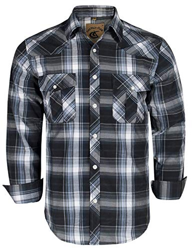 COEVALS CLUB Men's Western Cowboy Long Sleeve Pearl Snap Casual Plaid Work Shirts (Black & Gray #9, L)