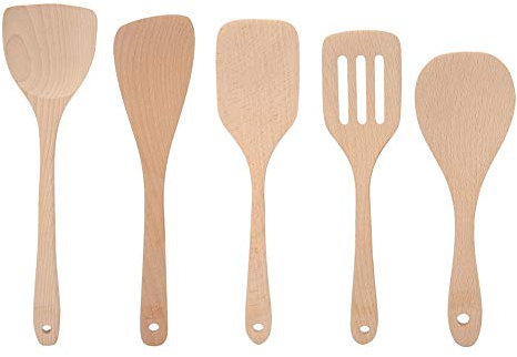 5Pcs Wooden Cooking Spatulas Set 100% Natural Wood Kitchen Utensils Spatulas Include Small Spatulas Long Handled Spatulas for Non Stick Cookware