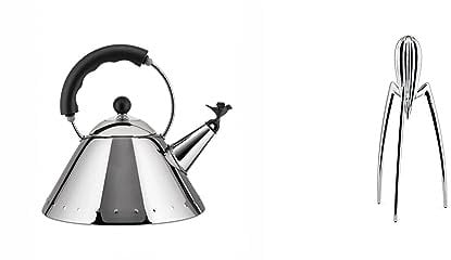 Alessi 9093 B Bollitore con Manico e Fischietto a Uccellino di Design in Acciaio Inox, Nero & PSJS Juicy Salif Spremiagrumi Manuale di Design in Fusione di Alluminio