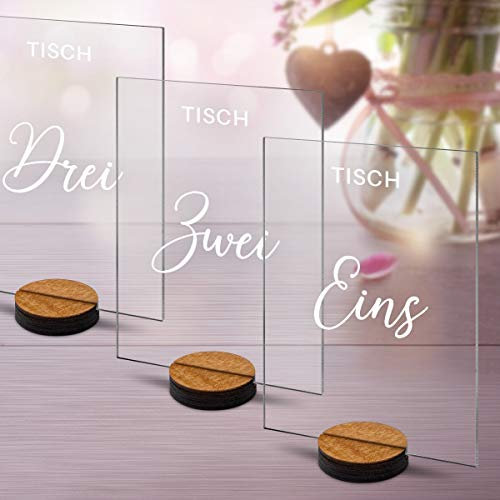 Hochzeit Tischnummern Acrylglas mit Lasergravur Milchig-Weiß Inkl. Standfuß Party Deko Set wählbar Rechteck - Schwungvoll Elegant (1-20)