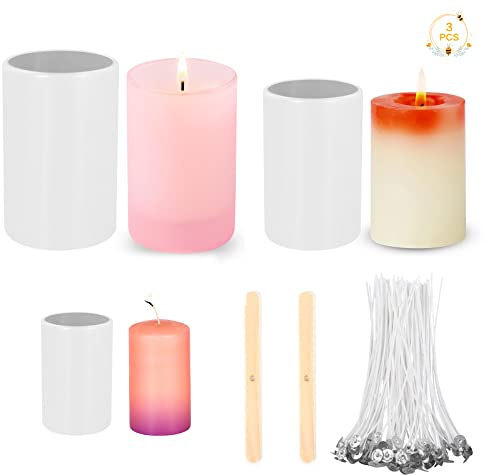 Ruicaifu 3 PCS Silicone Candle Mould Set, Pillar Candle Moulds for Candle Making Cylinder Candles Casting Moulds with 50 PCS Candle Wick 2 PCS Candle Wick Holder for DIY Wax Candles Soap Crafts