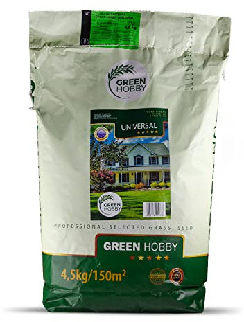 Green Hobby UNIVERSAL Saatgut, Einsaat- & Rasenreparaturmischung, Hochwertige Rasensamen, Grassamen für jeden Garten, Rasen Trittfest und Robust. 4,5 kg