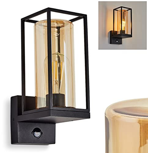 Außenwandleuchte Palanga m. Bewegungsmelder,Wandlampe aus Metall in Schwarz u. 2 Gläsern(Bersteinfarben/Klar, 22cm),1-flammig, Industrial Style Außenlampe m. Lichteffekt 1 x E27,IP44,ohne Leuchtmittel
