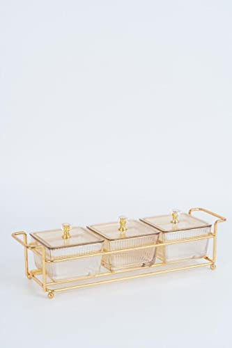 Knabber Schalenset 3 Fächer mit Deckel und Ständer Cerezlik Servierschale Knabberschale aus Glas für Süßigkeiten, Dips, Nüsse, Chips Gold