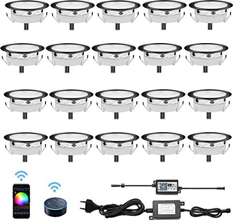 LED Bodeneinbaustrahler, 20 Stück WiFi Treppen Einbauleuchten Ø80mm RGB Einbauspots Steuerbar via App, IP67 Wasserdicht Außenleuchten Boden Lampe Kompatibel mit Amazon Alexa, Google Home, Schwarz