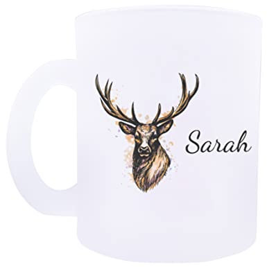 Personalisierte Glastasse Glitzer Tasse Weihnachtstasse mit eigenen Namen. Schöne Geschenkidee für Oma, Opa, Mama, Papa, Freundin, Glühwein, Kakao, Kinder Nikolausgeschenk (Hirsch, Glas)