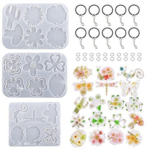 Bekecidi 113 Stück Harzformen Silikon Schlüsselanhänger Kit Epoxidharz Form mit Loch Silikonformen für Harzguss Anhänger Schmuck Schlüsselanhänger Herstellung Kit Form DIY Basteln