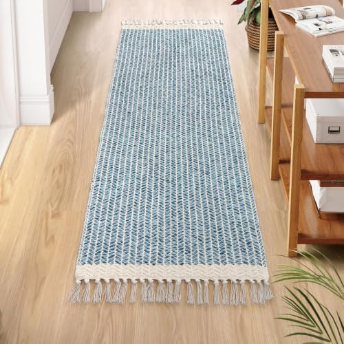 Lahome Belle Boho-Küchenläufer, 5 x 15 cm, leichter Badezimmerläufer, gewebte Baumwolle, Überwurfmatte mit Quasten, Bauernhaus, waschbar, blauer Teppich, Niedrigflor-Läufer für Flur, Eingangsbereich