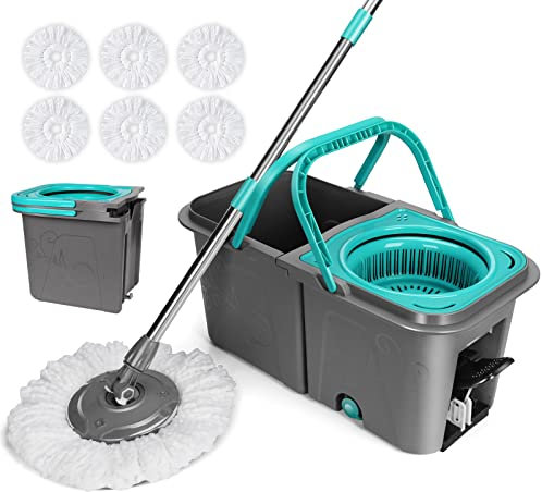Myiosus Juego de fregona y cubo, cubo giratorio con escurridor y pedal, mopa de piso con 6 cabezales de fregona de microfibra y mango telescópico de 134 cm, mopas de giro de 180° para limpiar suelos