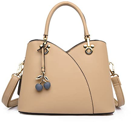 NICOLE & DORIS Handtaschen Klein Modern Handtasche Damen Schultertaschen PU Leder Umhängetasche Frauen Henkeltasche Tote Tasche Satchel Handtasche mit Kirschen Anhänger Khaki
